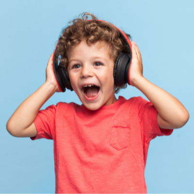 little boy enjoying the bedtime history podcast